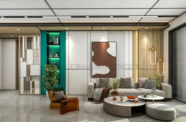 法狮龙客厅吊顶95m²装修实例 | 木纹+宝格丽绿色调，打造的轻奢设计