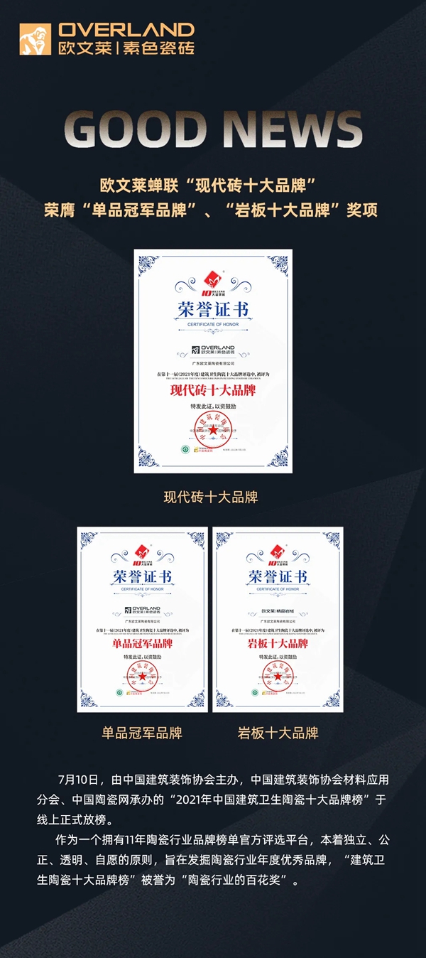 陶瓷行业“百花奖”放榜,欧文莱三大榜单榜上有名!
