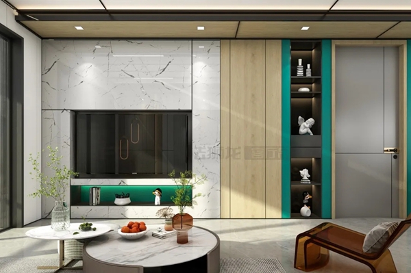 法狮龙客厅吊顶95m²装修实例 | 木纹+宝格丽绿色调，打造的轻奢设计