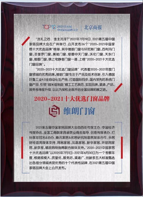 维朗门窗获“2020-2021十大优选门窗品牌”称号