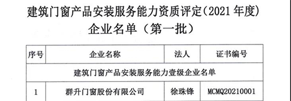 群升门窗获建筑门窗产品安装服务能力壹级资质