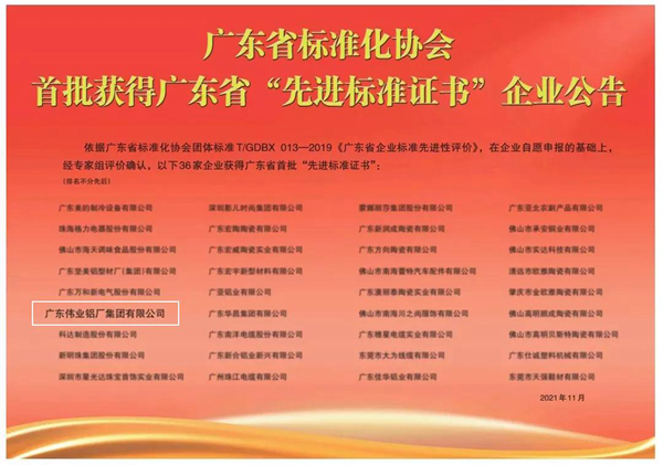 首批上榜！伟业集团获得广东省“先进标准证书”企业