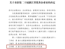 金迪集团总裁王玲娟获“浙江省优秀企业家”荣誉称号