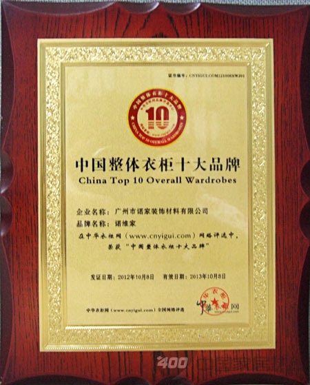 诺维家再次荣获“中国整体衣柜十大品牌”称号